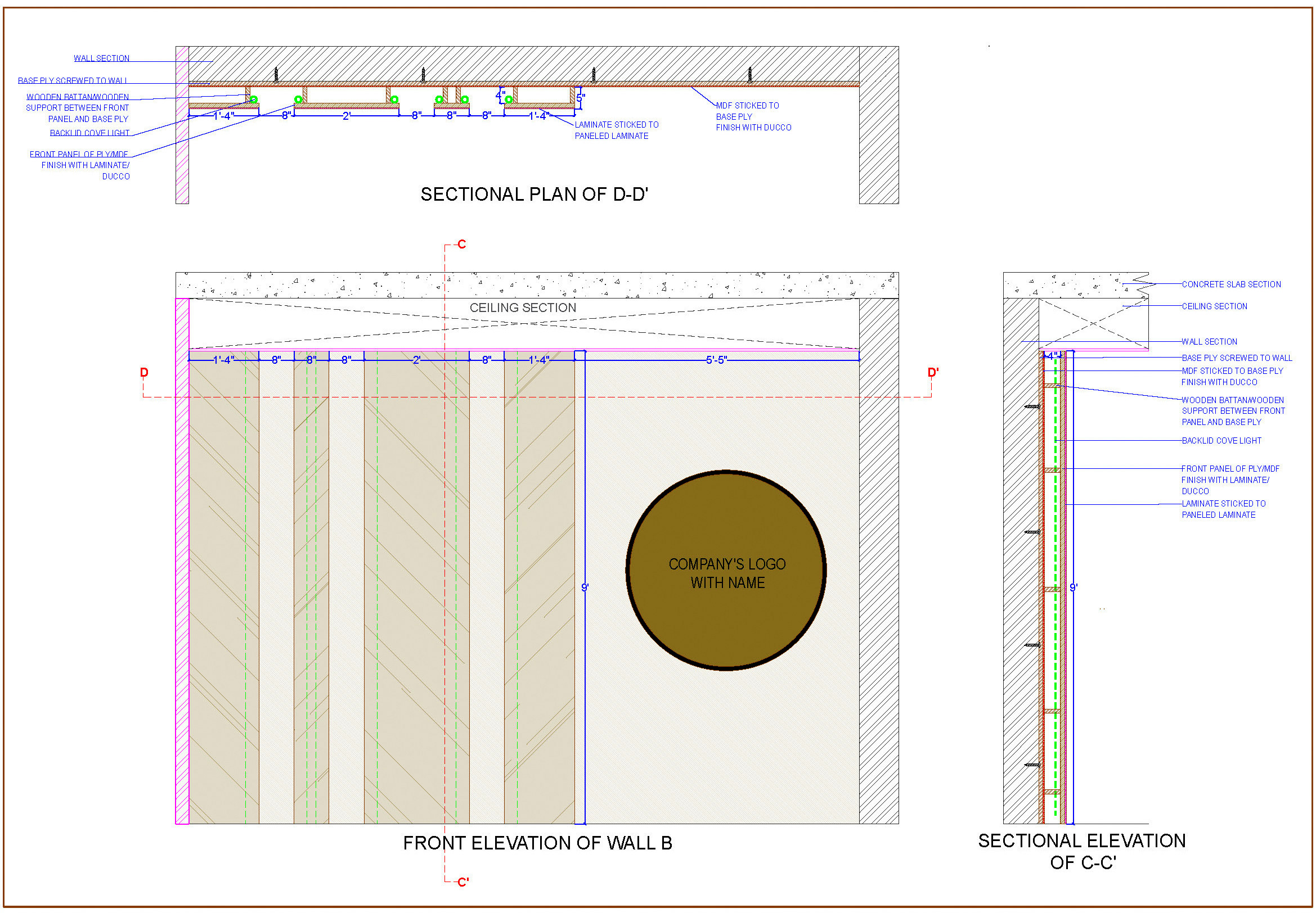 Wooden Wall Panelling with Backlights Cad DWG Detail